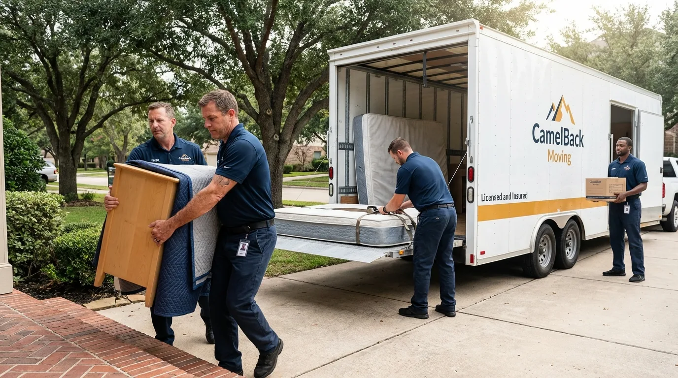 Crew loading residential truck for cross-state move from Willis, TX