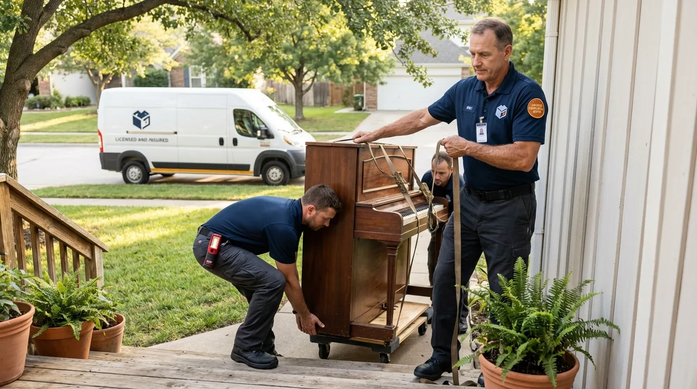 Licensed piano movers securing grand piano in Willis, TX