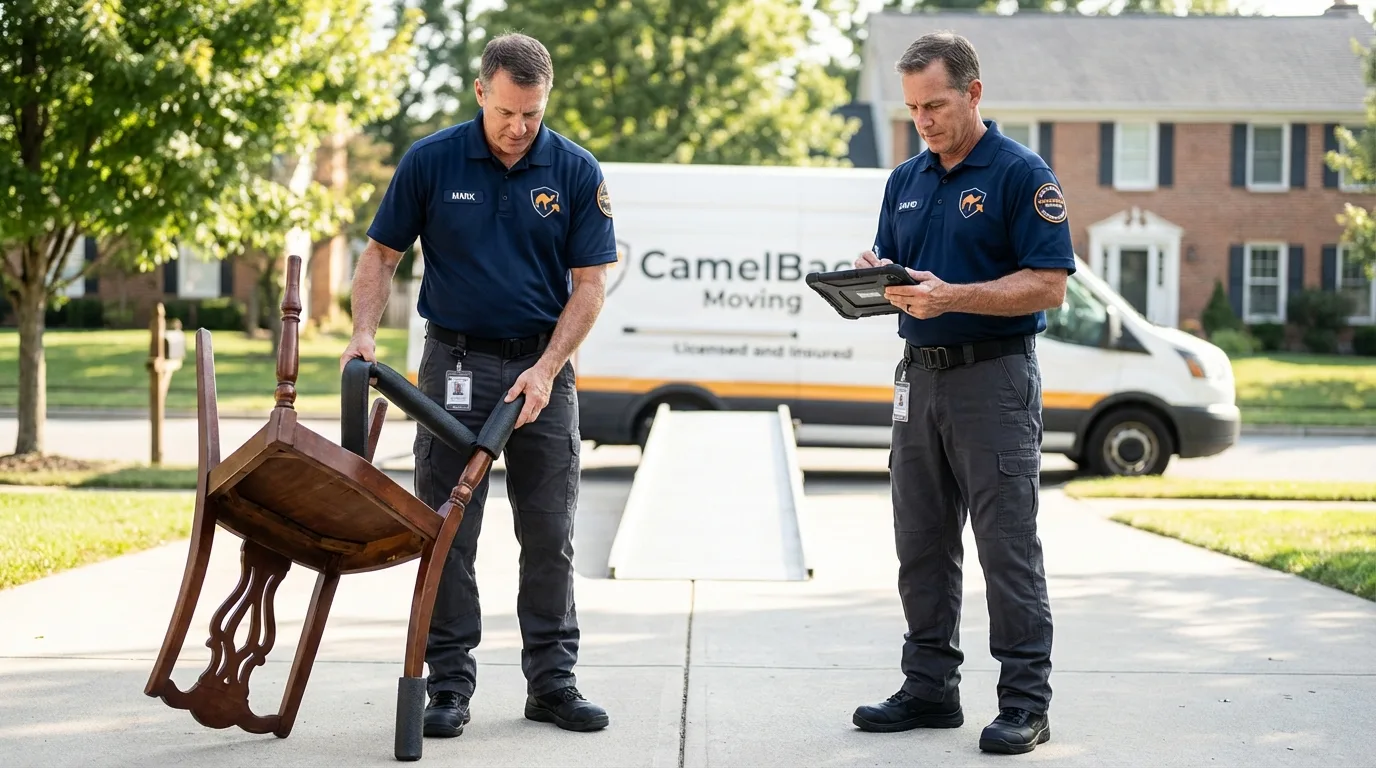 Movers inspecting furniture for damage prevention before loading in Willis, TX