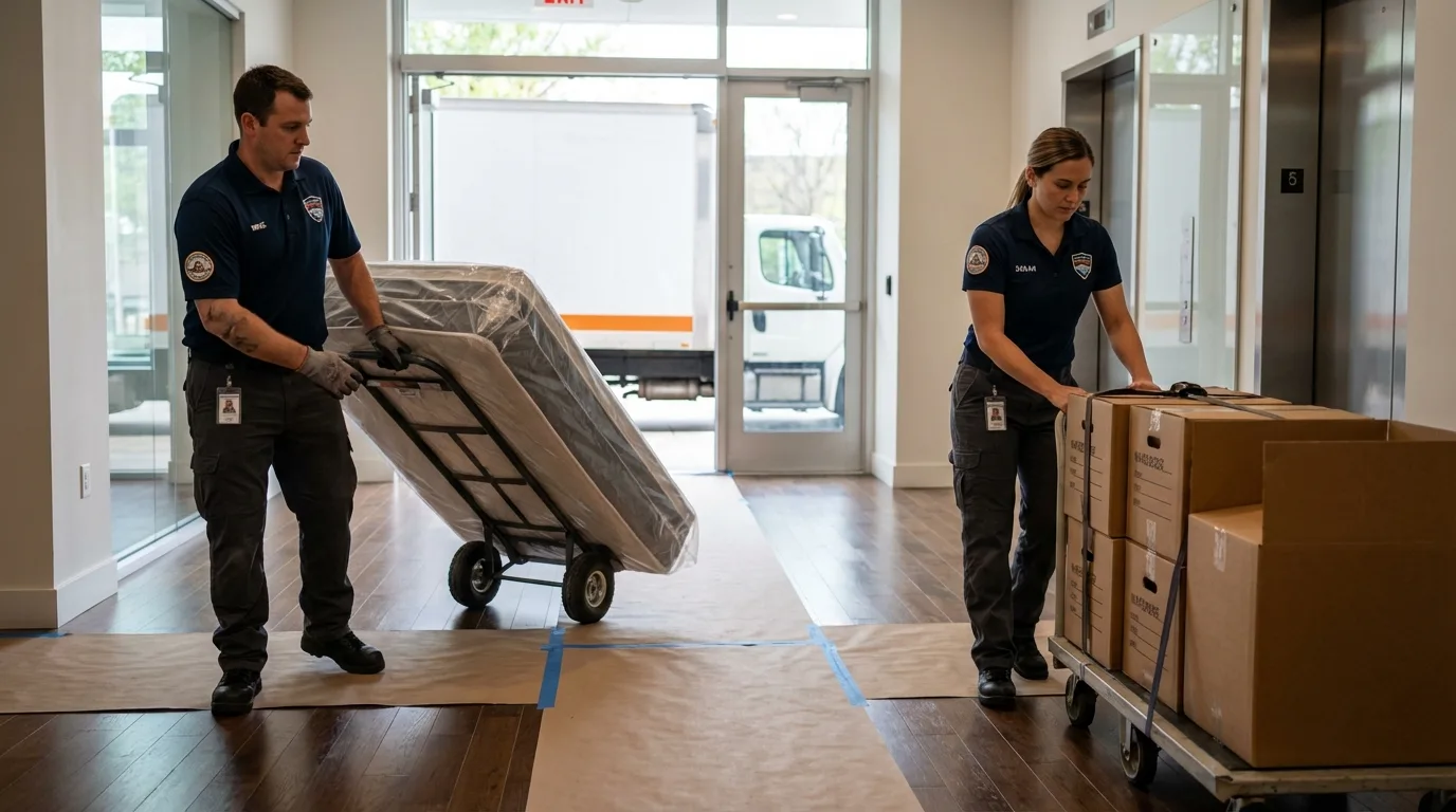 Professional apartment movers loading elevator in Willis, TX
